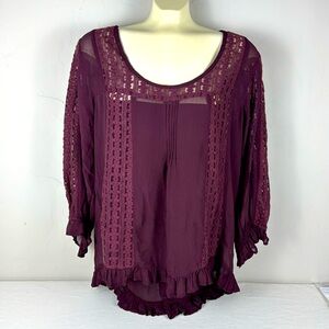 World Market Sheer HighLow Burgundy Blouse Balloon Sleeve Size L/XL